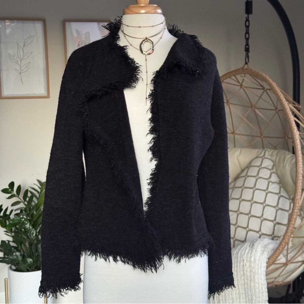 Sioni Black Textured Fringe Open Front Jacket